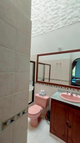 a bathroom with a pink toilet and a sink at Finca Villa Tere in Fusagasuga