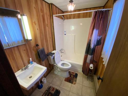 a bathroom with a white toilet and a sink at Cabin on the hill Ascutney 