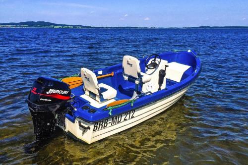 a blue and white boat sitting in the water at Cottages at the Kummerower See in Verchen in Verchen