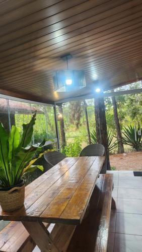 a wooden table with a potted plant on a patio at Chalé Veraneio-Itú-SP Vista para o lago Camping Carrion in Itu