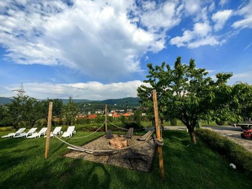 a hammock in a field with chairs and a tree at MILLAR's in Sovata