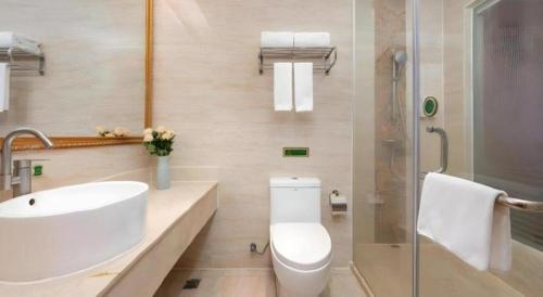 a bathroom with a toilet and a sink and a shower at Vienna Hotel Guangdong Shantou South Bus Station in Shantou