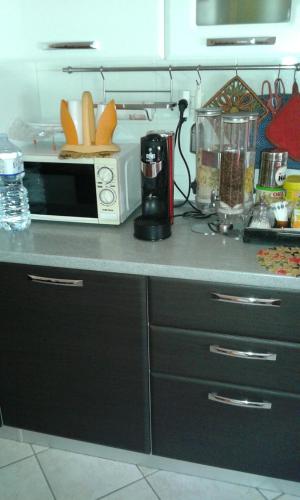 a kitchen counter with a microwave on top of it at La Magnolia - Fano in Fano
