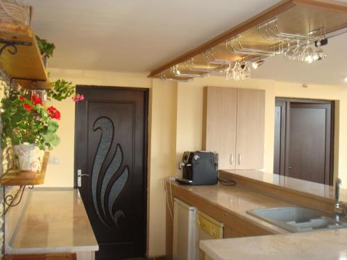 eine Küche mit einer Tür mit Design darauf in der Unterkunft Guest House & Bistro Lefterova in Kotel
