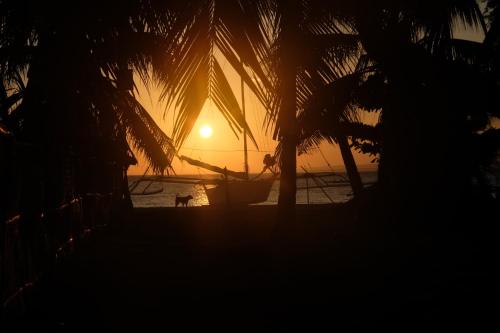 a sunset on a beach with a hammock and palm trees at Skott's Comfy Lodge in Bantayan Island