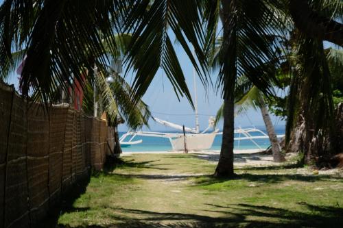 a boat on the beach with a palm tree at Skott's Comfy Lodge in Bantayan Island