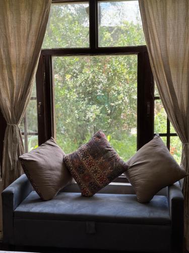 two pillows sitting on a bench in front of a window at Northlanders Guest House Skardu in Skardu