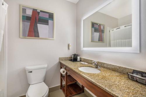 a bathroom with a toilet and a sink and a mirror at Comfort Suites Omaha Northwest in Omaha