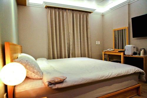a bedroom with a bed and a desk and a television at Jeju Sejong Hotel in Jeju