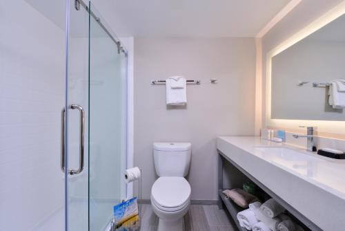 e bagno con servizi igienici, lavandino e doccia. di Cabana Shores Hotel a Myrtle Beach