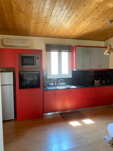 a kitchen with red cabinets and a wooden ceiling at RELAXING POOL HOUSE IN LAGONISI 2 in Kalívia Thorikoú
