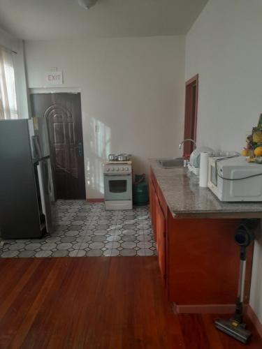 a kitchen with a refrigerator and a stove top oven at Apartments 145 in Georgetown