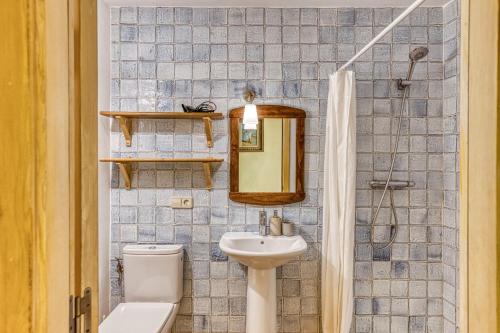 a bathroom with a sink and a toilet and a mirror at Mas la Ginesta in Borrassá