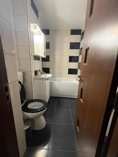a bathroom with a toilet and a sink and a tub at Studio Turda in Turda