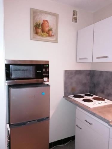 a kitchen with a microwave and a refrigerator at Les Floralies in La Tour-du-Pin