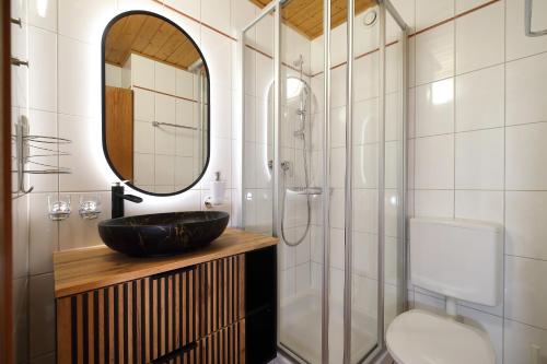 a bathroom with a sink and a mirror and a toilet at Bergkristall in Brand