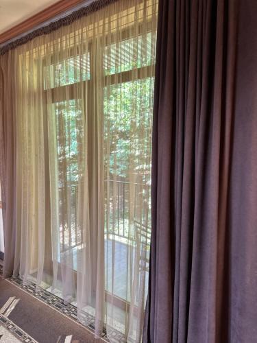 a window with curtains in a room with a balcony at Yeghevnut Hotel in Goris