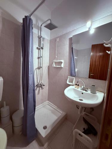 a bathroom with a sink and a shower and a toilet at Argiro's apartment at Agia Galini in Agia Galini