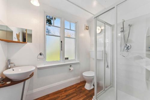 ein Badezimmer mit Toilette, Waschbecken und Dusche in der Unterkunft Ruapehu Cottage - Ohakune Holiday Home in Ohakune