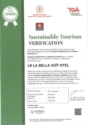 a sign that says sustainable tourism verification at La Bella Suit Otel in Kusadası