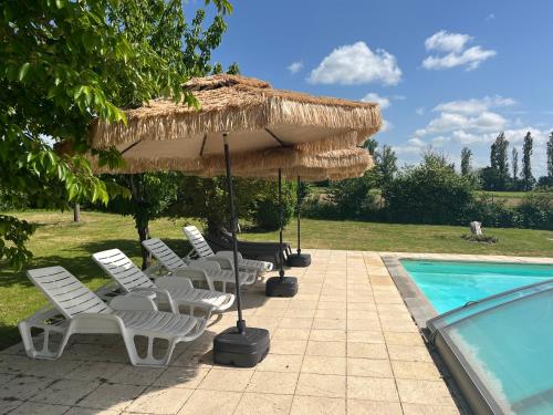- un groupe de chaises sous un parasol de paille à côté de la piscine dans l'établissement Gite 1, Domaine Logis Gascogne, à Saint-Justin