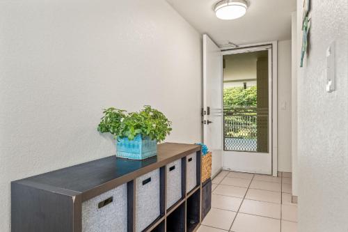 a hallway with a table with a plant on it at Oceanfront Oasis - Calm Beach - Pool - AC in Hauula