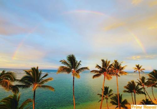 a group of palm trees on a beach with a rainbow at Oceanfront Oasis - Calm Beach - Pool - AC in Hauula