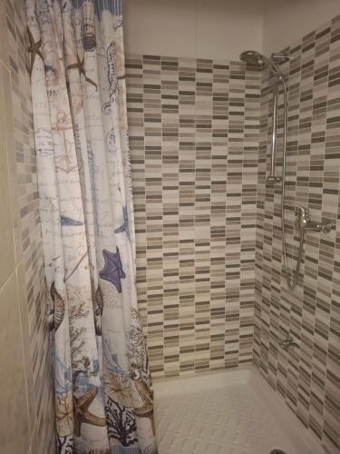 Un baño con ducha con cortina de ducha. en B&B Flora, en Aradeo
