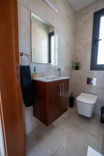 a bathroom with a sink and a toilet and a mirror at ARMA CIELO III, 2-bed Cosy Flat in Paphos City