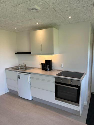 a kitchen with white cabinets and a counter top at Fishermans House Apartment 2 in Hirtshals