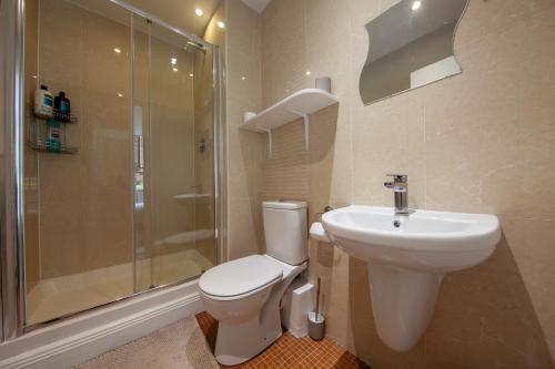 a bathroom with a toilet and a sink and a shower at Stunning and modern 2 bedroom apartment in Lucan in Lucan