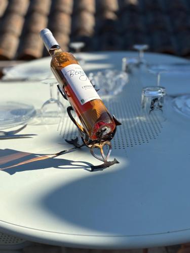 a bottle of alcohol sitting on top of a table at Estrambord Appart Terrasse Camargue in Arles