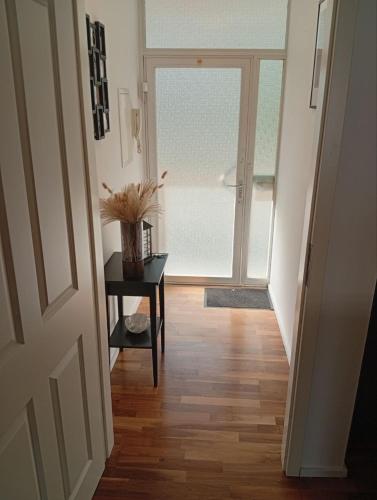 a hallway with a door and a table with a plant on it at Luxus Business Apt mit Badewanne Balkon und Tiefgaragenstellplatz in Kerpen