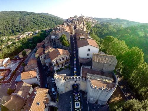 an aerial view of a town with a castle at Colonna House in Genazzano