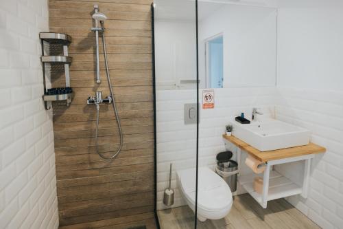 a bathroom with a shower and a toilet and a sink at WPO - WILD PIKE OASIS in Caraorman