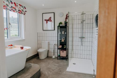 a bathroom with a shower and a tub and a toilet at A Spacious Countryside Retreat for up to 16 Guests in Llanarthney