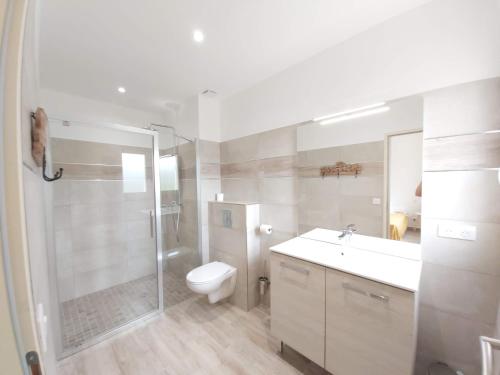 ein Badezimmer mit Dusche, Toilette und Waschbecken in der Unterkunft Appartement Candella 3 chambres in Galeria