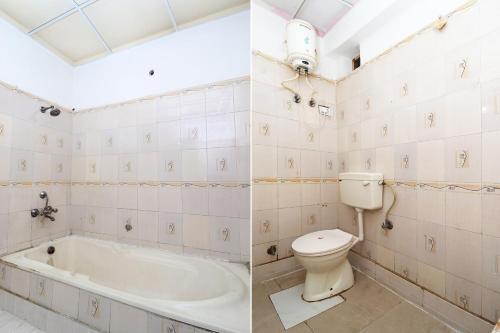 two pictures of a bathroom with a toilet and a bath tub at Hotel O D' Seasons Agra Cantt Railway Station in Tājganj