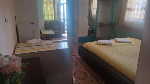 a bedroom with two beds and a mirror at Rooms Ivanka Ground Floor in Obzor