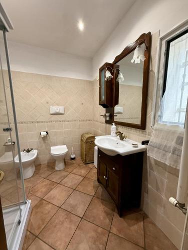 a bathroom with a sink and a toilet and a mirror at La casa tra gli ulivi di Fonte Nuova in Fonte Nuova