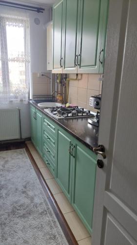 a kitchen with green cabinets and a stove top oven at Apartament în Sighetu Marmației in Sighetu Marmaţiei