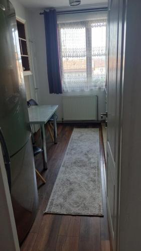 a room with a table and a rug and a window at Apartament în Sighetu Marmației in Sighetu Marmaţiei