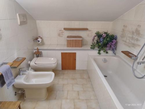 a bathroom with a toilet and a tub and a sink at Casa vacanze DAL CASTELIN in Sondrio