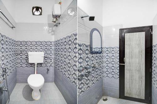 two pictures of a bathroom with a toilet and a shower at Hotel O Zoological Park Nandankanan Resort in Bārang
