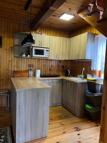 a kitchen with wooden cabinets and a microwave at Domki Pod Lasem in Macharce