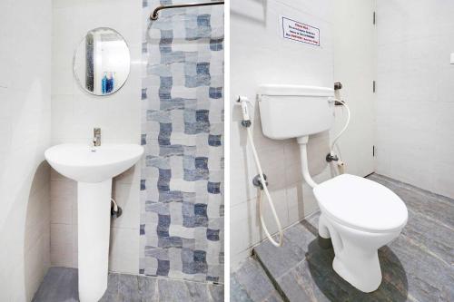 two pictures of a bathroom with a toilet and a sink at Collection O Hebbal Mysore in Mysore