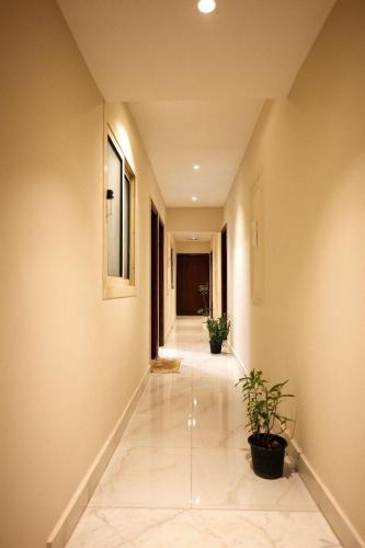 a hallway with two potted plants in a building at Golden pyramids group in Nazlet el-Sîsi