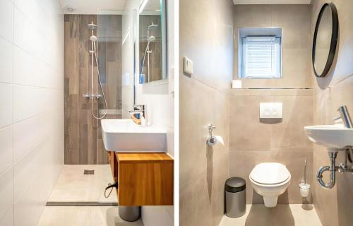 two images of a bathroom with a sink and a toilet at C-65 Stoeterij in De Cocksdorp