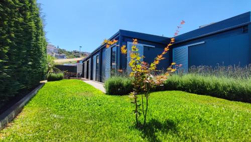 a small tree in the grass next to a building at The Jolie - A Retreat in the City in an Entire House in Funchal