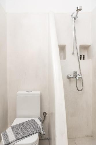 a white bathroom with a toilet and a shower at Studio Tolakis in Plaka